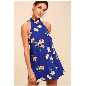 Lulus Darling Dearest Royal Blue Floral Print Swing‎ Mini Halter Dress S NWOT